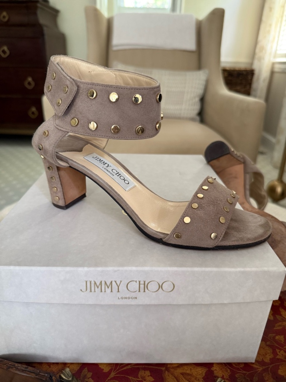 Jimmy Choo Suede Gold-Studded Accent Sandals